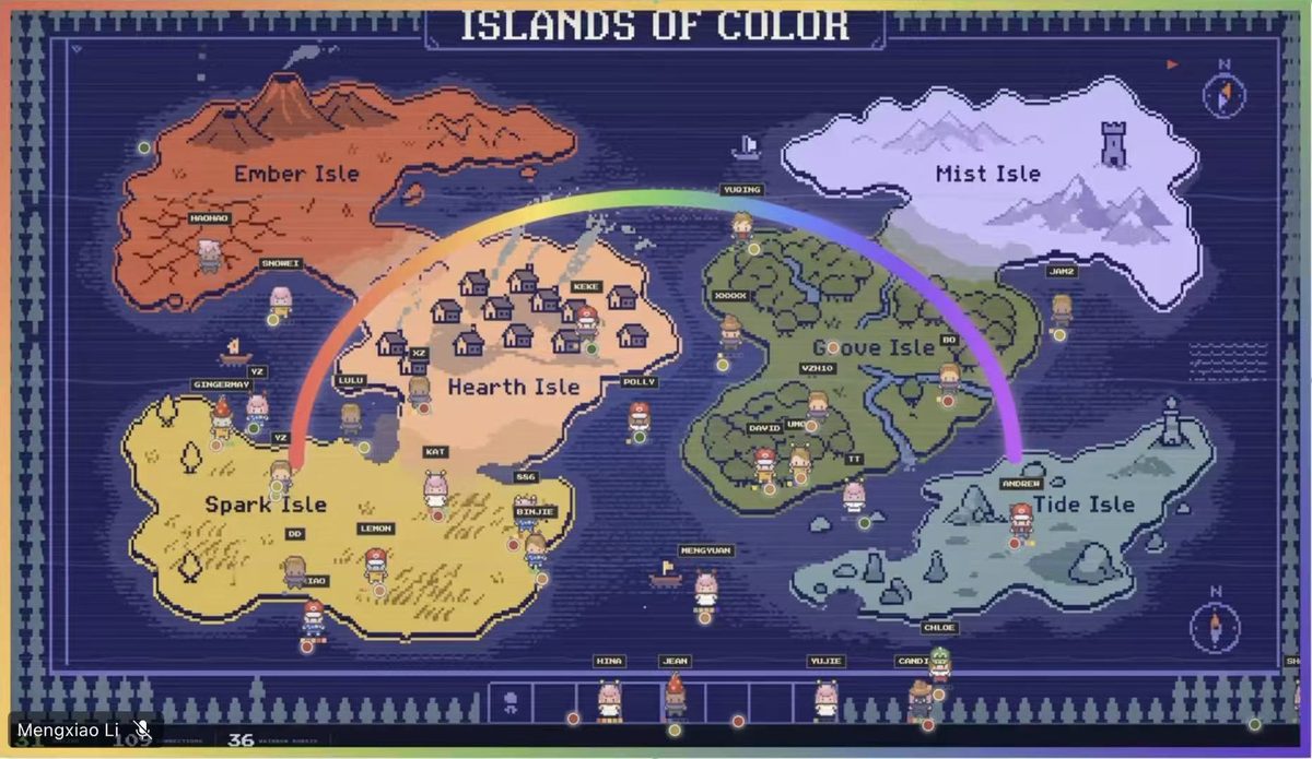 六座岛屿挤满了参与者的像素小人，跨海彩虹弧横跨画面