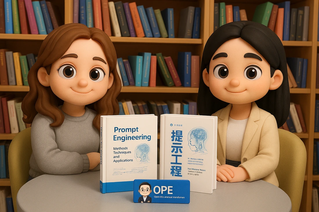 Two illustrated readers with Chinese and English Prompt Engineering books
